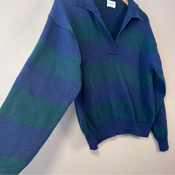 Sunday Best Fine Knit V-Neck Polo Sweater, Navy & Green Stripe, Preppy, Academia - Picture 3 of 7